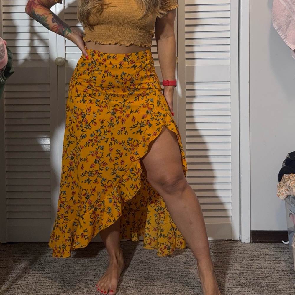 SHEIN Yellow Floral High Low Skirt